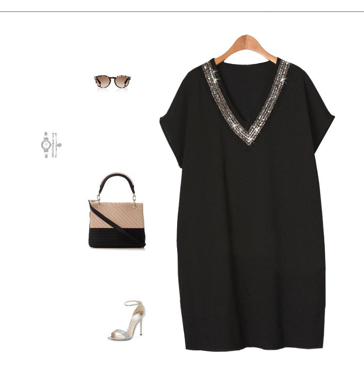 Plus Size Sparkly V-Neck Dress with Batwing Sleeves