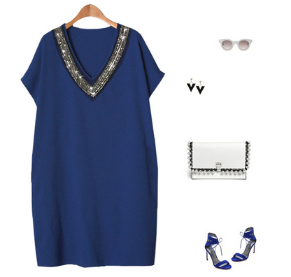 Plus Size Sparkly V-Neck Dress with Batwing Sleeves