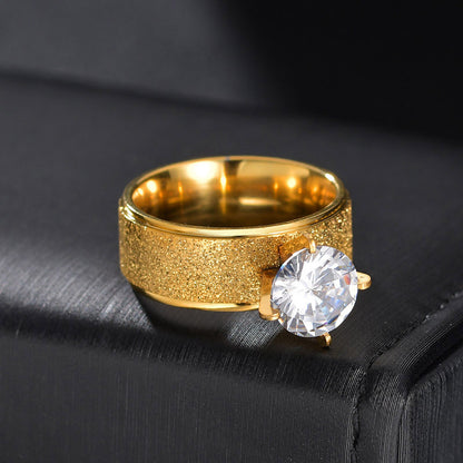 Simple Stainless Steel Ring with Round Zircon Ornament