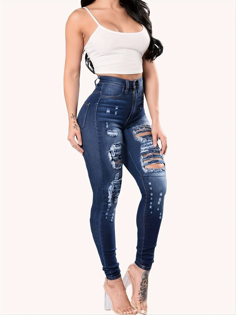 Navy Blue Distressed Skinny Leg Jeans for Women