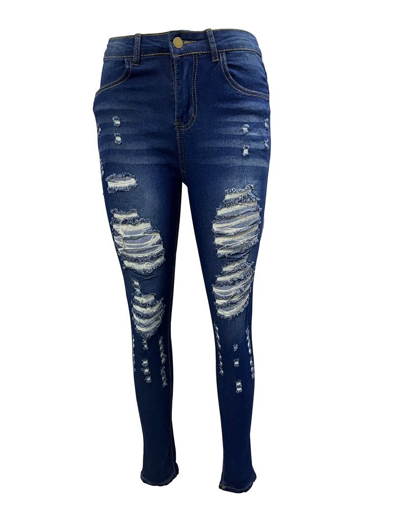 Navy Blue Distressed Skinny Leg Jeans for Women