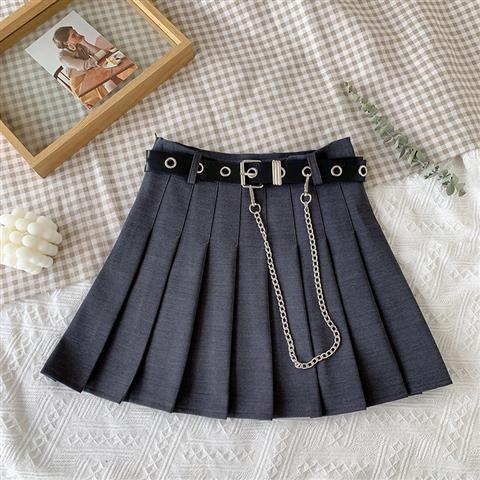 High Waist Plaid Skirt with Chain Pocket & Belt
