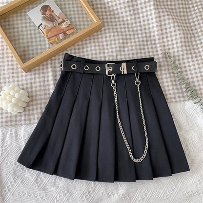 High Waist Plaid Skirt with Chain Pocket & Belt