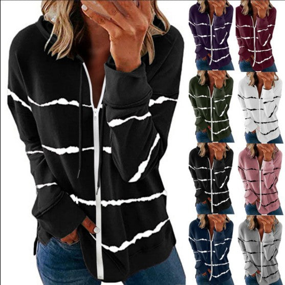 Striped Printed Loose Hooded Sweater for Women