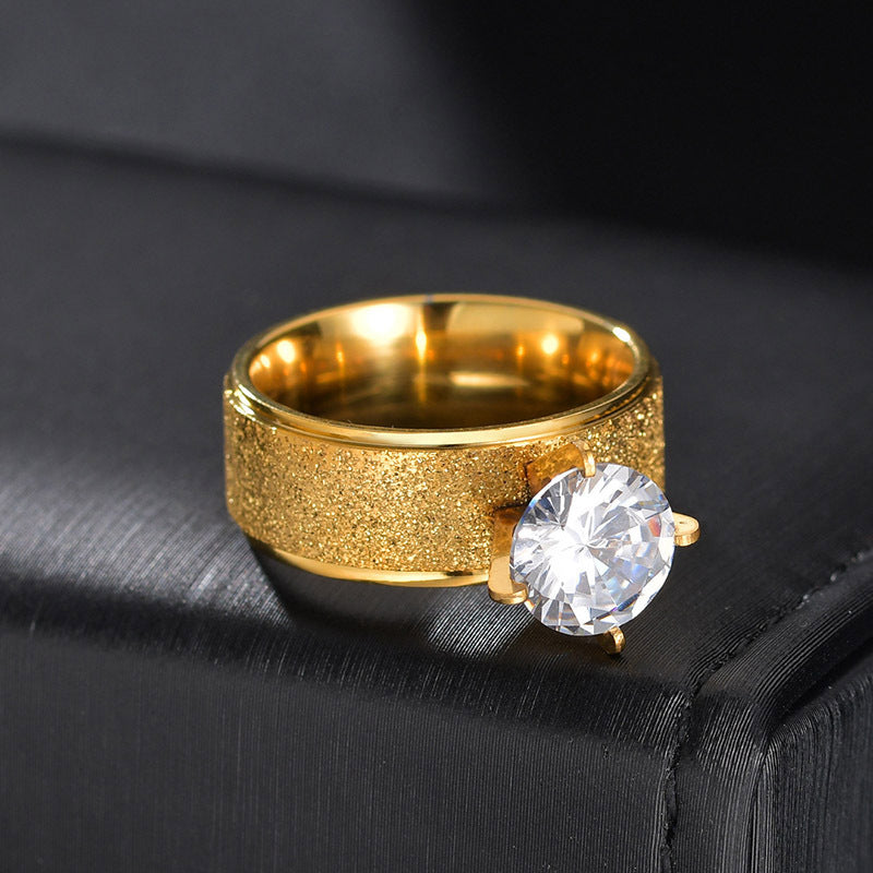 Simple Stainless Steel Ring with Round Zircon Ornament