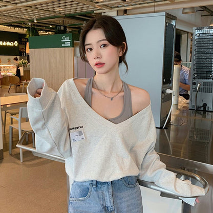 Women's Thin Loose V-neck Sweater Two-Piece Set
